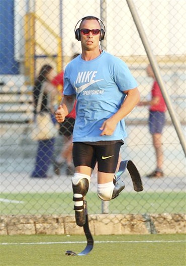 Double-amputee sprinter, South African Oscar Pistorius, attends a training session
