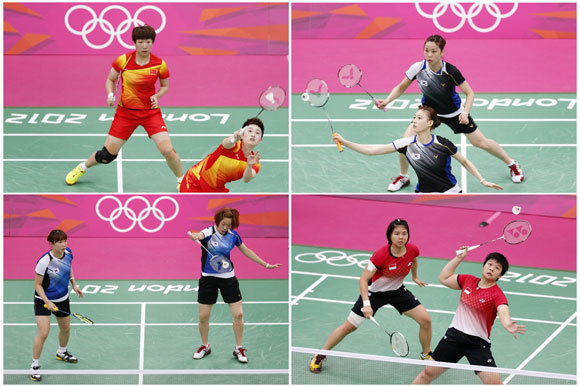 Combination photo made August 1, 2012 shows the women's doubles pair of (clockwise from top left) China's Wang Xiaoli (L) and Yang Yu, South Korea's Jung Kyung Eun (Top) and Kim Ha Na, Indonesia's Greysia Polii and Meiliana Jauhari and South Korea's Ha Jung-eun (L) and Kim Min-jung during their matches during the London 2012 Olympics