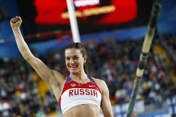 Yelena Isinbayeva of Russia reacts during the women's pole vault final during the world indoor athletics championships at the Atakoy Athletics Arena in Istanbul