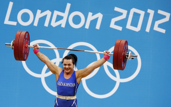 Kazakhstan's Svetlana Podobedova lifts on the women's 75Kg group A weightlifting competition