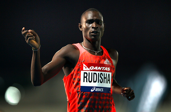 David Rudisha of Kenya celebrates winning the Mens 800 Metre Open during day two of the Melbourne Track Classic