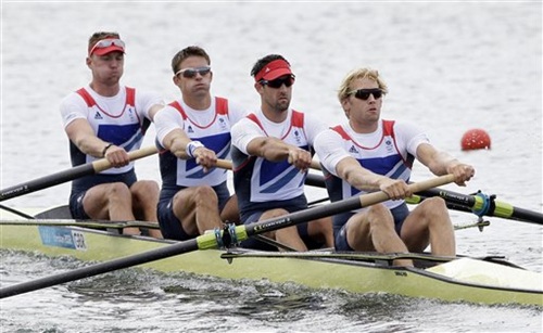 Andrew Triggs Hodge, Tom James, Pete Reed and Alex Gregory row on their way to winning the gold medal