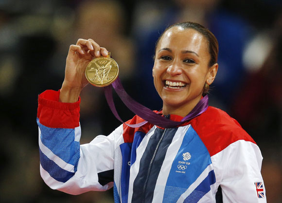 Britain's Jessica Ennis holds her gold medal during the women's heptathlon victory ceremony