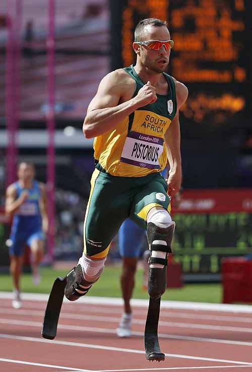 South Africa's Oscar Pistorius competes in a men's 400-meter heat during the athletics in the Olympic Stadium