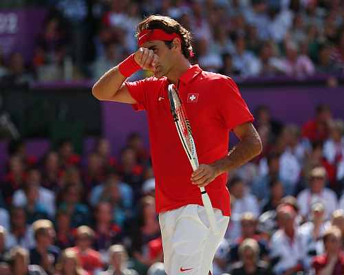 Roger Federer of Switzerland reacts against Andy Murray of Great Britain during the Men's Singles Tennis Gold Medal Match