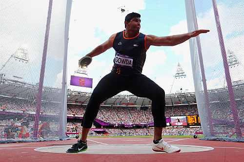 Vikas Gowda of India competes in the Men's Discus Throw qualification