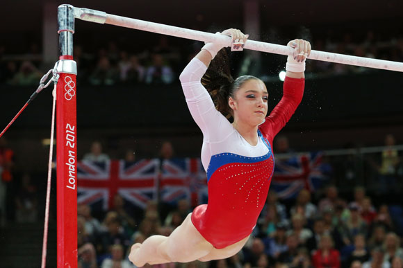 Aliya Mustafina of Russia competes in the Artistic Gymnastics Women's Uneven Bars final on Day 10