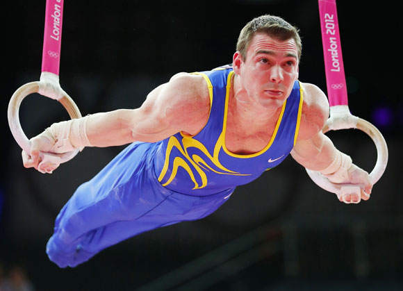 Brazil's Arthur Nabarrete Zanetti competes in the men's gymnastics rings final in the North Greenwich Arena