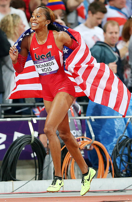 Sanya Richards-Ross of the United States celebrates after gold medal-winning performance in the Women's 400m final on Sunday