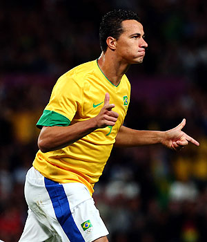 Leandro Damiao of Brazil reacts after scoring against Korea during the men's football semi-final at the London Games on Tuesday