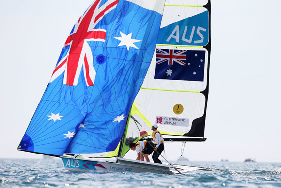 Nathan Outteridge (R) and Iain Jensen of Australia compete on their way to winning gold in the Men's 49er Sailing