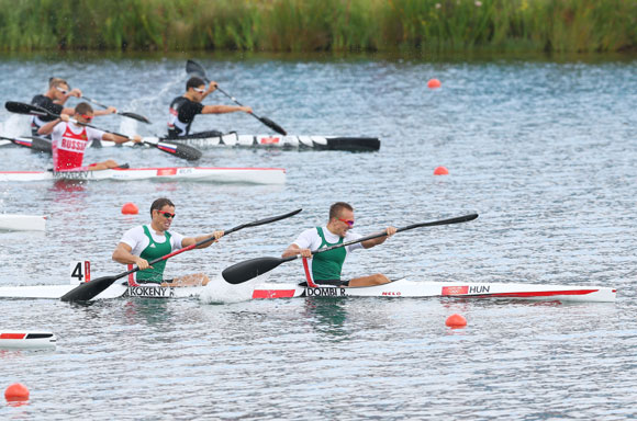 Roland Kokeny (L) and Rudolf Dombi of Hungary compete on their way to winning Gold in the Men's Kayak Double (K2) 1000m Canoe Sprint final