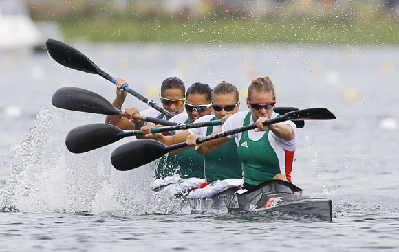 Team Hungary competes to win in the women's kayak four (K4) 500m final