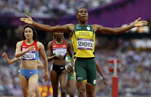 South Africa's Caster Semenya reacts after competing in the women's 800-meter semifinal during the athletics in the Olympic Stadium