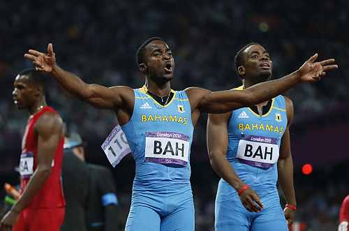 Bahamas' Ramon Miller (L) and Michael Mathieu celebrate winning the men's 4x400m relay final