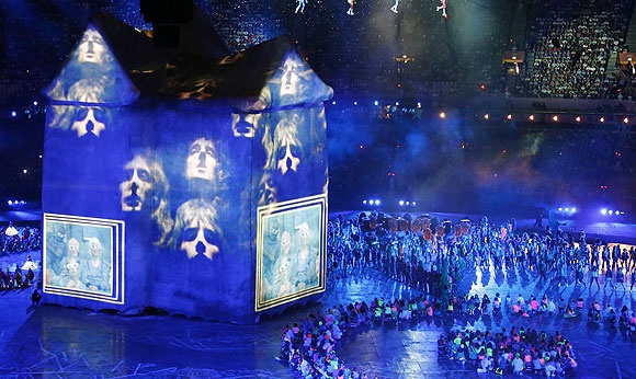 A colourful stage set for a music performance at the opening ceremony of the London Olympic Games at the Olympic Stadium