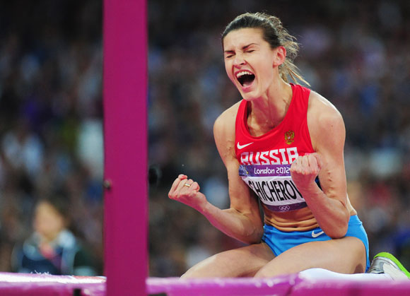 Anna Chicherova of Russia celebrates after a jump during the Women's High Jump Final