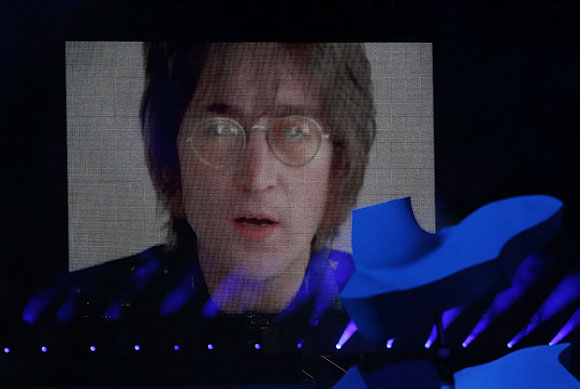 A video of musician John Lennon singing his classic 'Imagine' is seen on the screen during the closing ceremony of the London 2012 Olympic Games