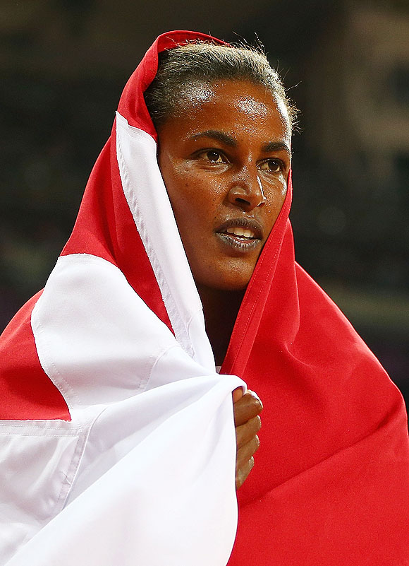 Bronze medalist Maryam Yusuf Jamal of Bahrain celebrates after the Women's 1500m final