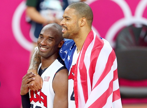Kobe Bryant of the United States and team mate Tyson Chandler celebrate