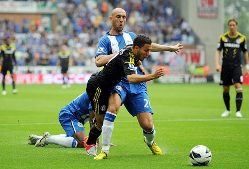 Eden Hazard of Chelsea is fouled by Ivan Ramis of Wigan Athletic