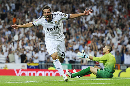 Gonzalo Higuain of Real Madrid celebrates after scoring the opening goal against Barcelona during the Super Cup second leg match on Wednesday