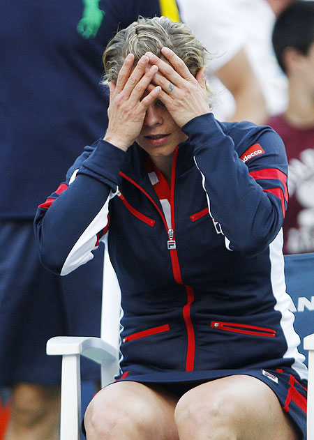 Kim Clijsters reacts after losing her match against  Laura Robson of Great Britain on Wednesday
