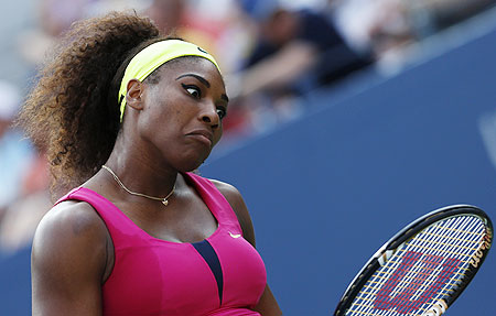 Serena Williams reacts after missing a point against Maria Jose Martinez Sanchez on Thursday