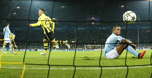 Borussia Dortmund's Schieber celebrates a goal against Manchester City