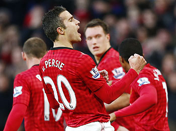 Manchester United's Robin van Persie celebrates his goal against Sunderland during their English Premier League match on Saturday