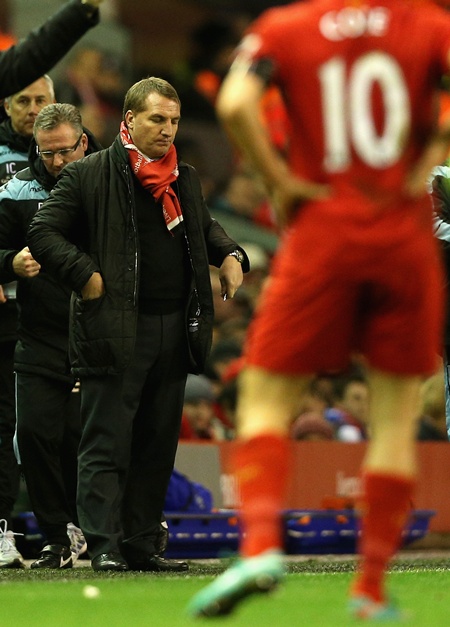 Liverpool manager Brendan Rodgers shows his dejection