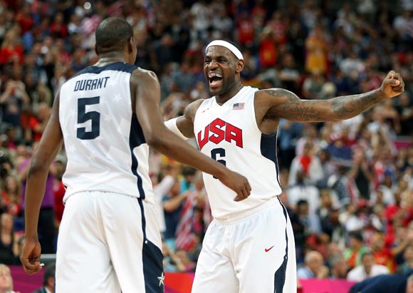 Kevin Durant and LeBron James of the United States celebrate winning the men's Basketball gold medal