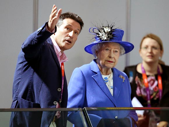 Queen Elizabeth II with Lord Sebastian Coe, Chairman of the London Organising Committee of the Olympic Games