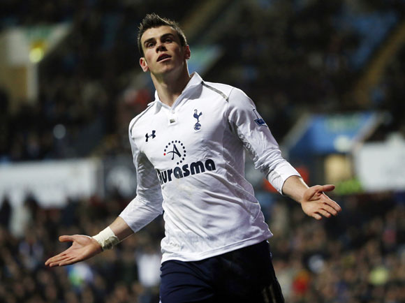 Tottenham Hotspur's Gareth Bale celebrates his goal against Aston Villa in Birmingham