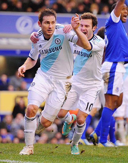 Frank Lampard celebrates after scoring the second goal against Everton on Sunday
