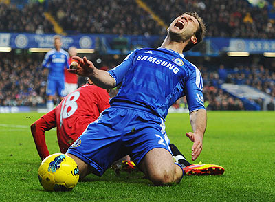 Branislav Ivanovic of Chelsea is fouled by Ashley Young
