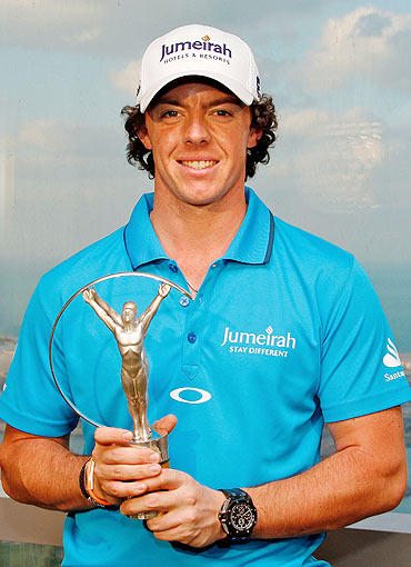 Irish golfer Rory McIlroy poses with the Laureus World Breakthrough of the Year award