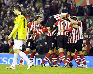 Athletic Bilbao's celebrate their second goal against Mirandes during their Spanish King's Cup semi-final second leg match on Tuesday