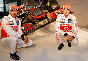 Team McLaren Mercedes drivers Lewis Hamilton (left) and Jenson Button unveil the new MP-27 Formula 1 car