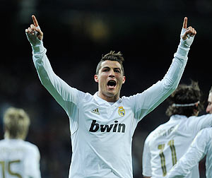 Real Madrid's Cristiano Ronaldo celebrates after scoring against Levante on Monday