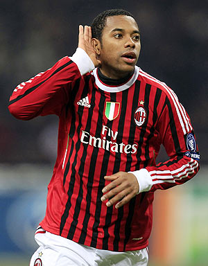 AC Milan's Robinho celebrates after scoring against Arsenal during their Champions League match in San Siro on Wednesday