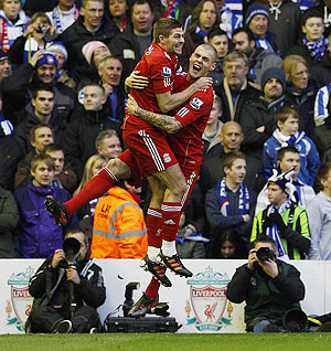 Liverpool's Martin Skrtel (right) celebrates with Steven Gerrard after scoring against Brighton and Hove Albion during their FA Cup fifth-round match on Sunday