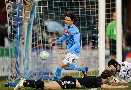 Napoli's Edinson Cavani celebrates after scoring during the UEFA Champions League round of 16 first leg match against Chelsea at Stadio San Paolo
