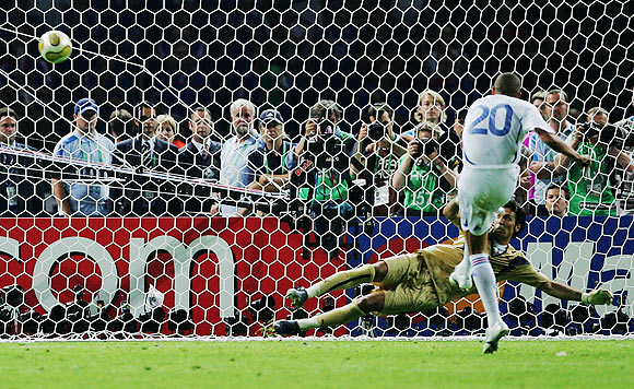 David Trezeguet of France misses his penalty kick during a penalty shootout at the end of the FIFA World Cup Germany 2006