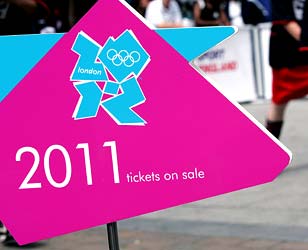 A sign informing of Olympic ticket sales is displayed