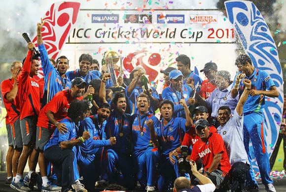 The Indian team celebrate after winning the 2011 World Cup