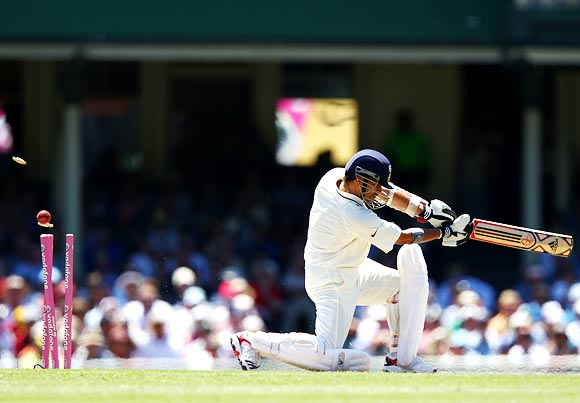 Sachin Tendulkar is bowled during the second Test in Sydney
