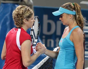 Kim Clijsters of Belgium is injured and eventually withdraws from her match against Daniela Hantuchova of Sovlakia