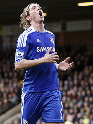 Chelsea's Fernando Torres reacts after missing a chance to score during their EPL match against Norwich City on Saturday