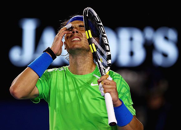 Rafael Nadal of Spain reacts in his semifinal match against Roger Federer of Switzerland